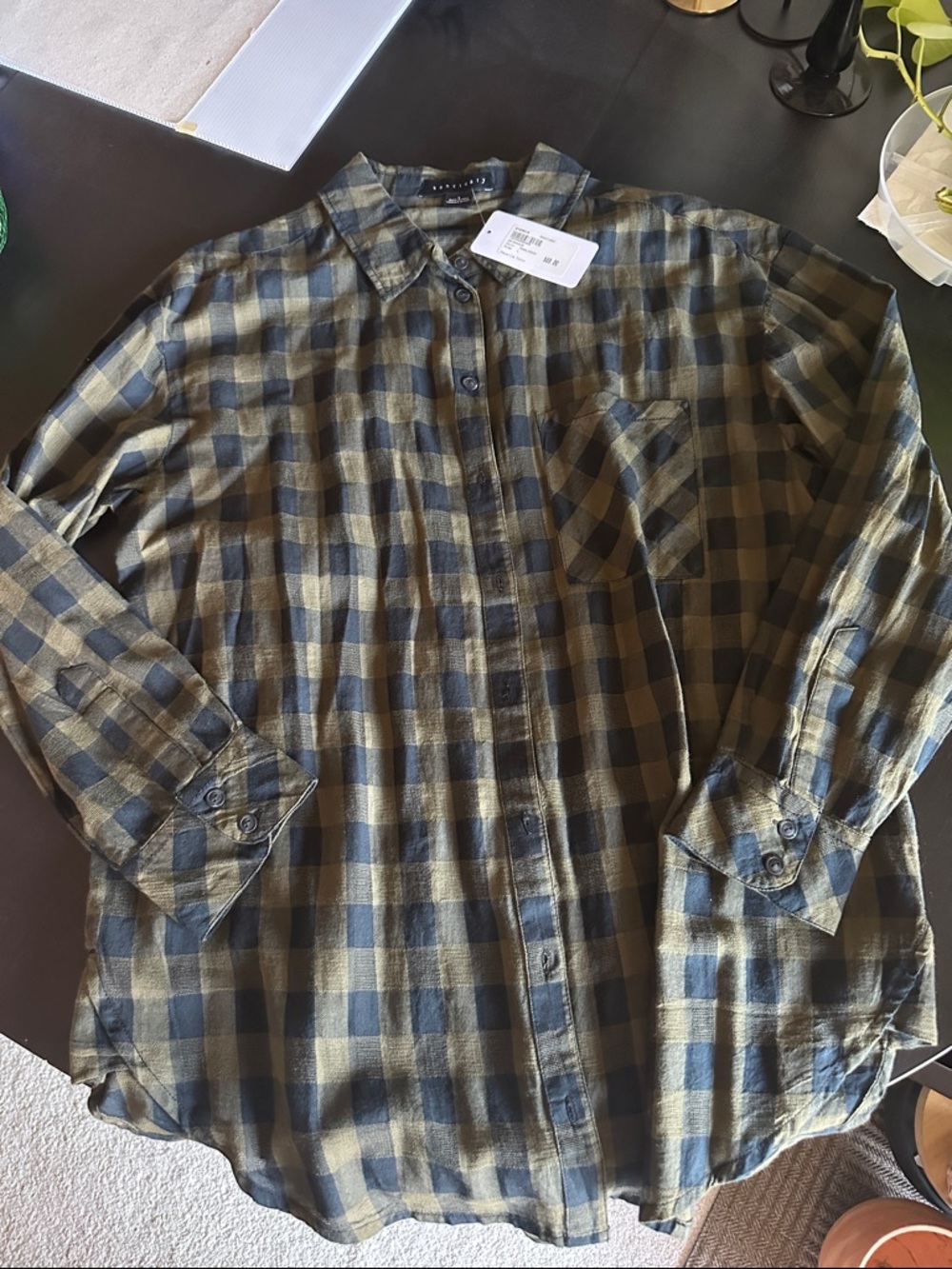 Sanctuary Olive and Black Plaid Button-Down Shirt